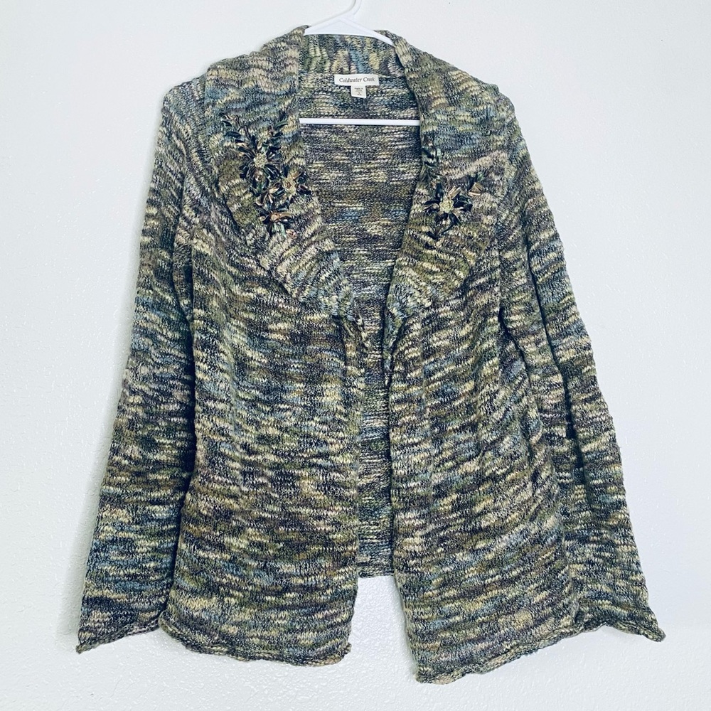 Coldwater Creek Marled Ribbon Beaded Open Front Knit Cardigan Sweater Small